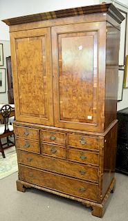 Burlwood linen press, probably 19th century. ht. 84in., wd. 43in.