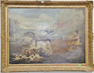 19th/20th century oil on canvas, Fox Hunt, Going Wrong, unsigned. 22" x 30"