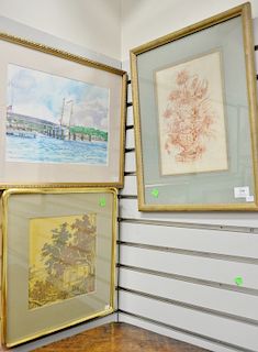 Three framed pieces to include (1) Robert James Hauschild (1941-2012), watercolor, New London Waterfront, sight size 9 1/2" x 13 1/2...