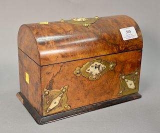 Burl tea box, brass mounted with dome top opening to double compartment inside. ht. 7in., wd. 9 1/2in.
