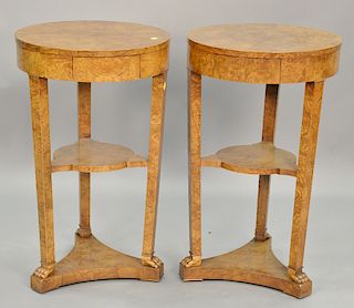 Pair of Baker burlwood round tables. ht. 32in., dia. 19in.