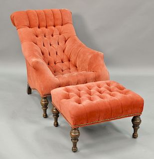 Tufted upholstered chair and ottoman (three button caps on ottoman missing tops)