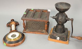 Three pieced lot to include a pierced foot warmer, iron paint decorated coffee grinder, and walnut barometer. ht. 6in., ht. 11 1/2in...
