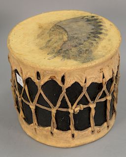 Leather wrapped Indian drum with painted chief Indian and star, black painted tin and barrel. ht. 10in., dia. 11in.