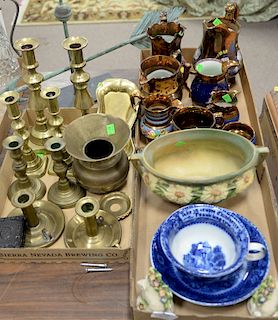 Three tray lots to include R & M flow blue mush cup and saucer, Roseville pot, two Staffordshire sheep, copper luster group, and four...