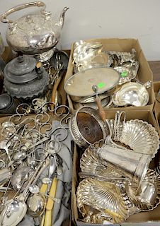 Four tray lots of silverplate and pewter to include tilting pot, fish set, flatware, etc
