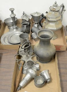 Three box lots of pewter to include coffee pots, trays, cups, etc
