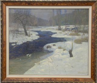 Pietro Valerio (mid 20th century), oil on canvas, winter landscape with stream, signed lower right: Pietro Valerio. 25" x 30"