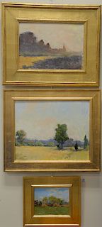 Three paintings by Eric Jacobsen (20th century) to include oil on board "The Old Farm" and oil on canvas "Morning with Fog", 8" x 10...