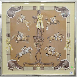 Hermes silk scarf "Jumping", framed of horses jumping, marked: Hermes Paris, 34" x 34"