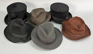 Group of six mens hats, size 7 1/8 - 7 3/8, including Vintage Herbert Johnson top hat, Selentino top hat, Herbert Johnson Derby hat,...
