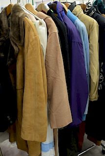 Group of womens clothing to include long Max Mara coat, pink Bill Blass suit, Ralph Lauren skirt, Brooks Brothers long coat, sequin ...