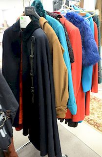 Group of womens coats in various sizes to include Askro coat, red Escada dress/coat set, plaid Pendleton coat, Escada blue long cat