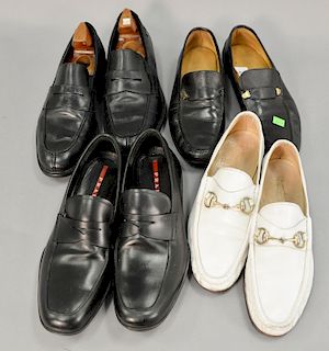 Four pairs of used men's shoes including Gucci, Prada, Mephisto, approximately size 10