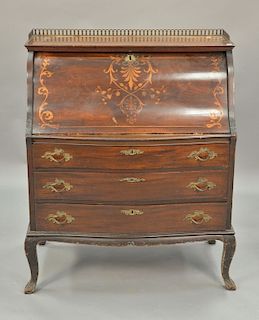 Mahogany desk with marquetry inlay. ht. 43in., wd. 35in.