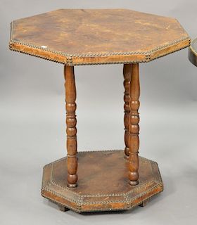 Leather covered table with brass tacks. ht. 29in., top: 27" x 27"