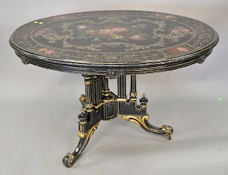 Victorian oval table having mother of pearl inlay with hand painted flowers and incised (top not attached)