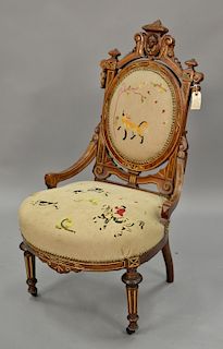 Victorian walnut ladies chair with Jenny Lind face and needlepoint upholstery, John Jelliff Newark, NJ