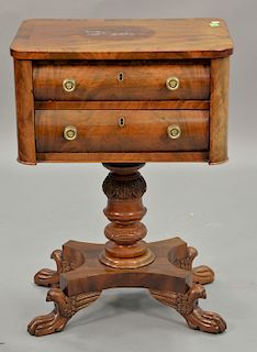 Empire mahogany two drawer work table with paw feet, circa 1830
