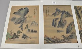 Set of six Chinese watercolor on silk, mountainous landscape scenes, unframed and signed, 15" x 11"
