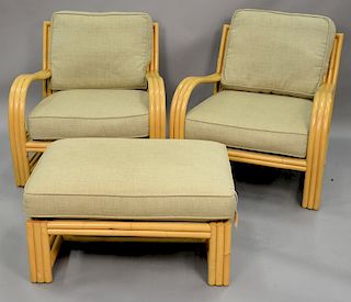 Pair of Ficks Reed mid century modern bamboo armchairs with footstool. ndition.