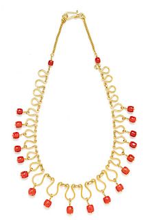 A 22 Karat Yellow Gold and Coral Bead Fringe Necklace, 44.05 dwts.