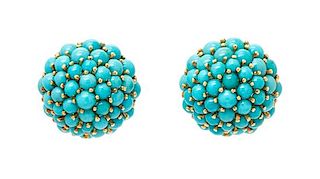 * A Pair of 18 Karat Yellow Gold and Turquoise Earclips, Italian, 10.10 dwts.