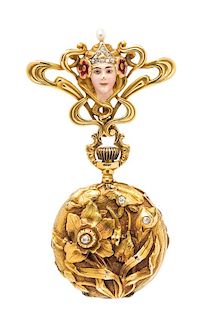 * An Art Nouveau 14 Karat Yellow Gold, Diamond, Seed Pearl and Polychrome Enamel Lapel Watch, 18.20 dwts.
