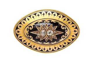 * A Victorian 15 Karat Yellow Gold, Diamond and Enamel Mourning Brooch, 12.90 dwts.