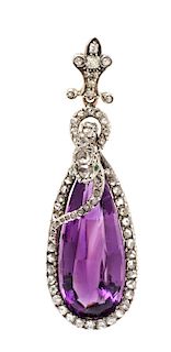 * A Silver Topped Gold, Amethyst, Diamond and Emerald Serpent Motif Pendant, 13.80 dwts.