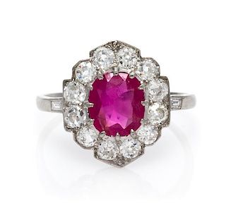 An Art Deco Platinum, Burmese Ruby and Diamond Ring, 2.45 dwts.