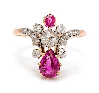 An Edwardian Platinum Topped Rose Gold, Pink Sapphire and Diamond Ring, 2.50 dwts.