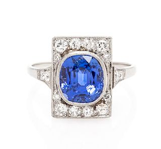 An Art Deco Platinum, Ceylon Sapphire and Diamond Ring, 3.15 dwts.