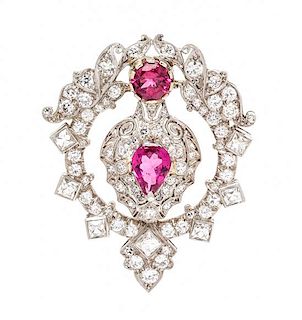 A Platinum, Pink Tourmaline and Diamond Brooch, 6.60 dwts.