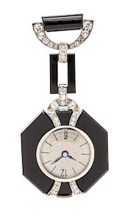 An Art Deco Platinum, Onyx and Diamond Lapel Watch, 8.60 dwts.