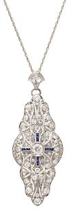 An Art Deco Platinum, Diamond and Sapphire Pendant/Brooch, 7.85 dwts.