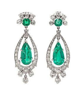 * A Pair of Platinum, Emerald and Diamond Pendant Earrings, 6.00 dwts.