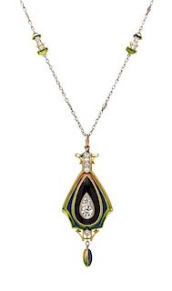 An Art Nouveau Yellow Gold, Platinum, Diamond, Onyx and Polychrome Enamel Pendant Necklace, 7.10 dwts.