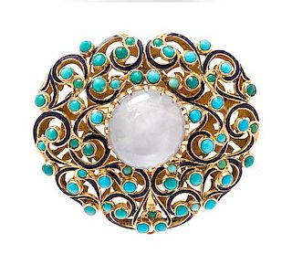 A Yellow Gold, Star Sapphire, Turquoise, Hardstone and Enamel Brooch, 15.30 dwts.
