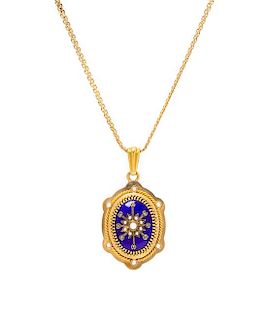 * An 18 Karat Yellow Gold, Seed Pearl, Diamond and Enamel Locket Pendant and Necklace, French, 19.80 dwts.