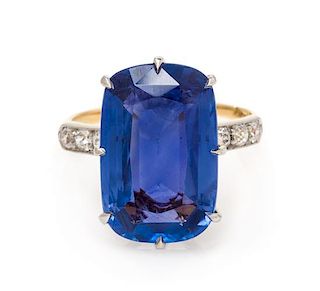 A Platinum Topped Yellow Gold, Ceylon Sapphire and Diamond Ring, Tiffany & Co. Mounting, 2.50 dwts.