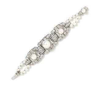 A Platinum, 18 Karat White Gold, Cultured South Sea Pearl, Pearl and Diamond Bracelet, French, 30.90 dwts.