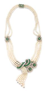 A White Gold, Emerald, Diamond and Cultured Pearl Multistrand Cascade Necklace, 43.40 dwts.