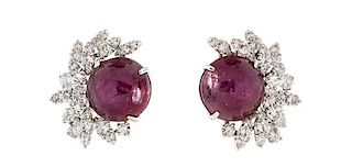 * A Pair of Platinum, Star Ruby and Diamond Earclips, 13.90 dwts.