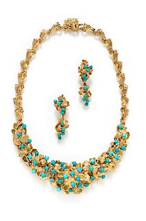 A 14 Karat Yellow Gold and Turquoise Demi-Parure, 53.90 dwts.