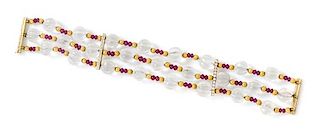 A Yellow Gold, Rock Crystal, Diamond and Ruby Multistrand Bracelet, 30.10 dwts.