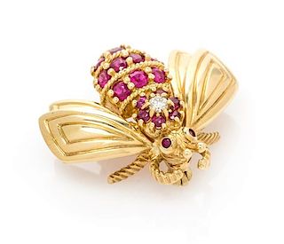 An 18 Karat Yellow Gold, Ruby and Diamond Bee Brooch, Tiffany & Co., 4.40 dwts.