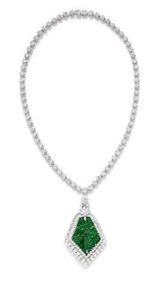 A 14 Karat White Gold, Jade and Diamond Convertible Necklace Pendant/Brooch, 40.70 dwts.