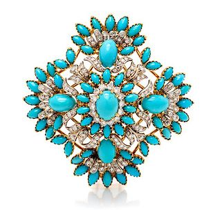 An 18 Karat Yellow Gold, White Gold, Turquoise and Diamond Brooch, 23.60 dwts.