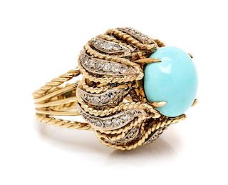A 14 Karat Bicolor Gold, Turquoise and Diamond Ring, David Webb, 11.10 dwts.